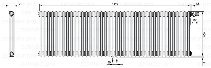Схема (чертеж) Радиатор Zehnder Charleston 2100/40 №V008 Белый глянцевый RAL 9016